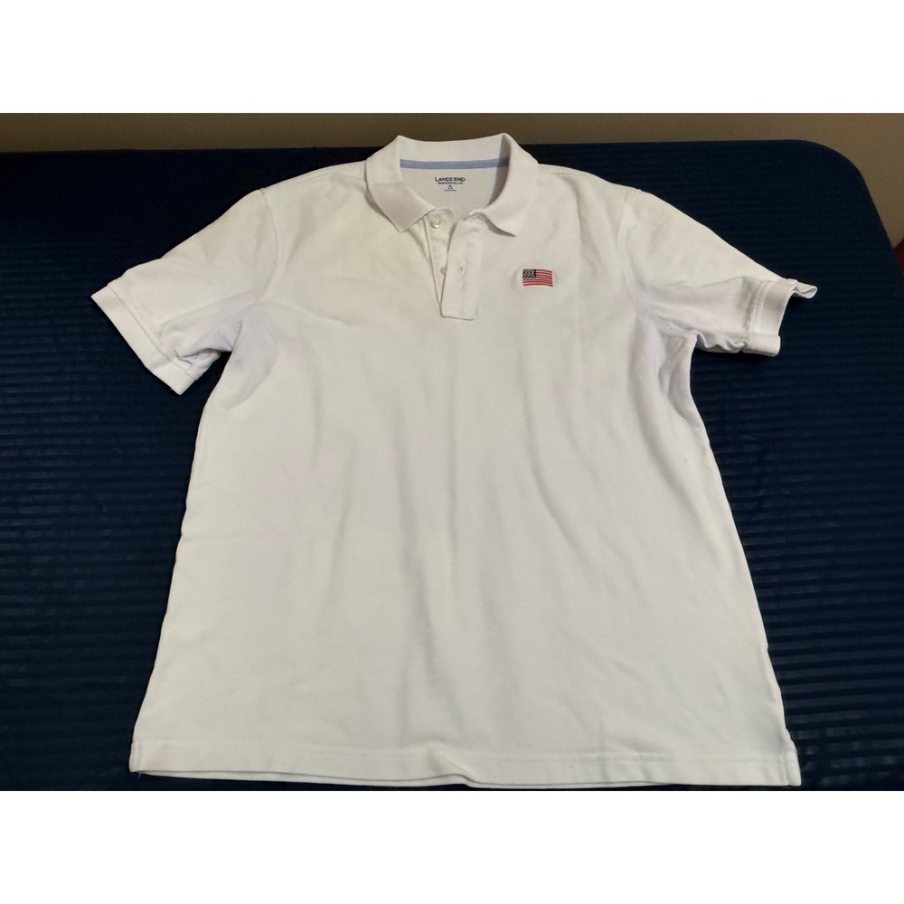 Lands End Mens White Cotton Pique American Flag Polo Shirt Traditional Fit M